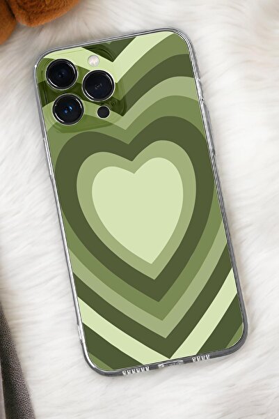 mooodcase iPhone 15 Pro Uyumlu Yeşil Kalpler Desenli Premium Silikonlu Şeffaf Telefon Kılıfı