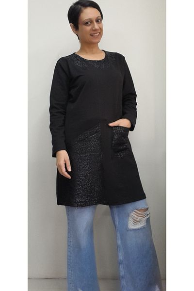Mertcan Butik Black 2-thread leather appearance with pocket and collar garniated tunic