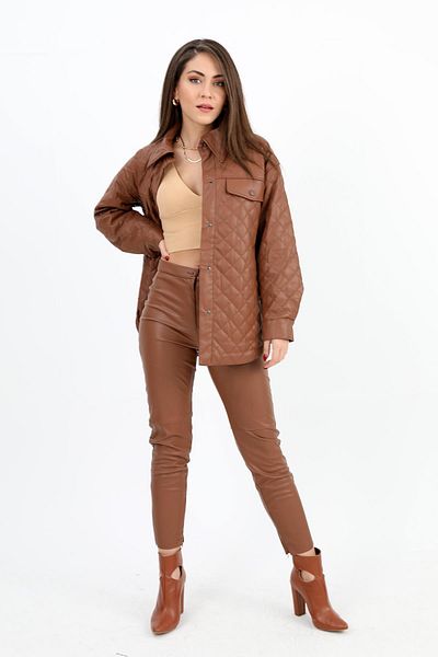 Z MODA Tan Leather Coat - With Pocket Cover and Quilted