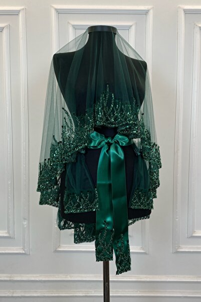 ZEYMERADE طقم حجاب زفاف بنمط اللهب الأخضر الزمردي، طقم حجاب الحناء مع خرز ترت...