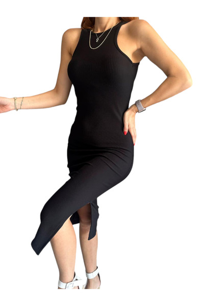 buğlem collection Halter yaka midi boy yırtmaçlı pamuklu kaşkorse kalem elbise