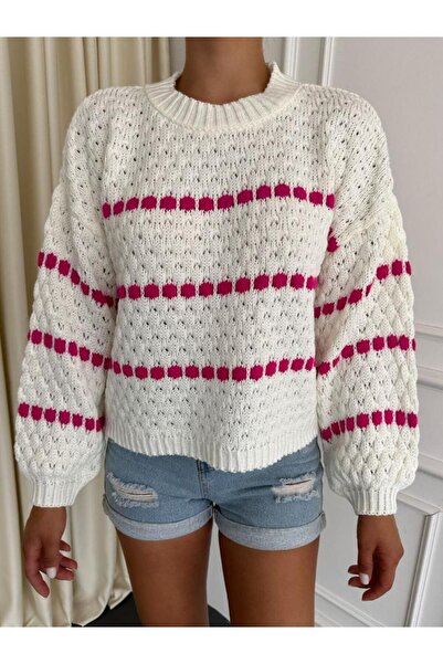 Buki Store KADIN FUŞYA ÇİZGİ DETAYLI AJURLU DELİKLİ ÖRGÜ KAZAK