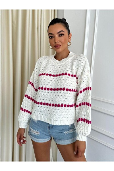 Buki Store KADIN FUŞYA ÇİZGİ DETAYLI AJURLU DELİKLİ ÖRGÜ KAZAK