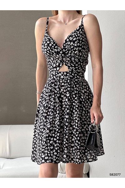 modakyra Rochie de damă cu model negru din țesătură de viscoză cu bretele la spate și rochie mini cu model decoltat