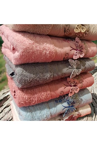 ŞENER HOME Set of 6 3D Embroidered Curl Butterfly Detailed Colored Hand and Face Towels 50X90cm