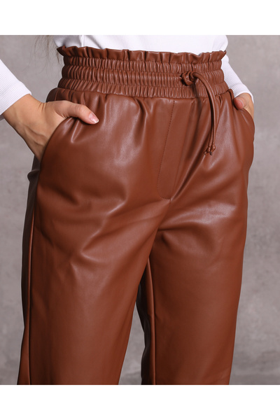 1Moda1Tarz Women's Tan High Waist Elastic and Lacing Detailed Faux Leather Trousers