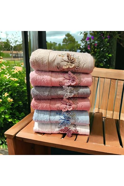 ŞENER HOME Set of 6 3D Embroidered Curl Butterfly Detailed Colored Hand and Face Towels 50X90cm