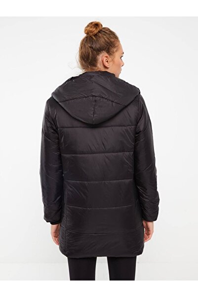 1Moda1Tarz Women's Black Hooded Zipper and Snap Closure Detail Puffer Coat