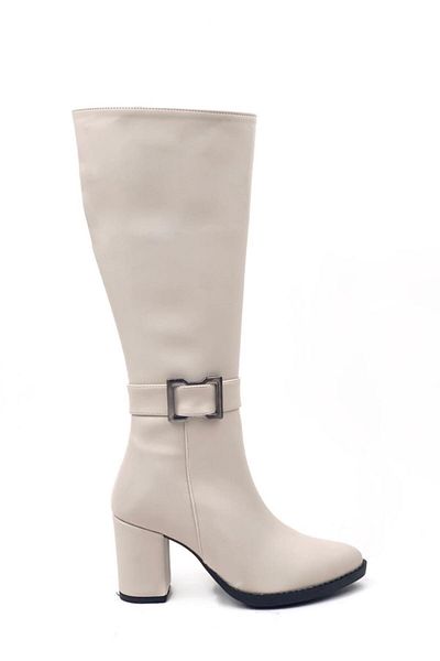 DS AYAKKABI Light Beige Women's Heeled Boots - Zippered, Below the knee