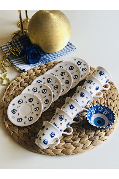 Den Tasarım Hediyelik Evil Eye Bead Coffee Cup Set for 6 People and Turkish Delight Bowl (1 Pc)