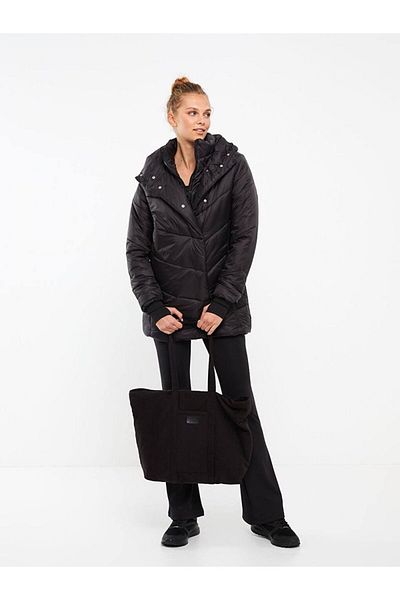 1Moda1Tarz Women's Black Hooded Zipper and Snap Closure Detail Puffer Coat