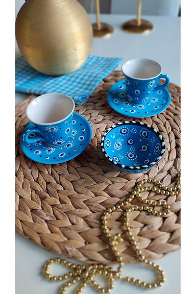 Den Tasarım Hediyelik 2-Piece Evil Eye Bead Coffee Cup Set and Turkish Delight Bowl for 2