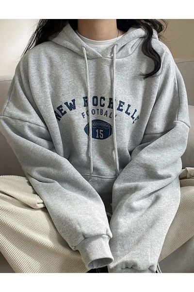 Josette Γκρι Unisex New Rochelle Football Φούτερ με στάμπα μεγάλου μεγέθους με κουκούλα
