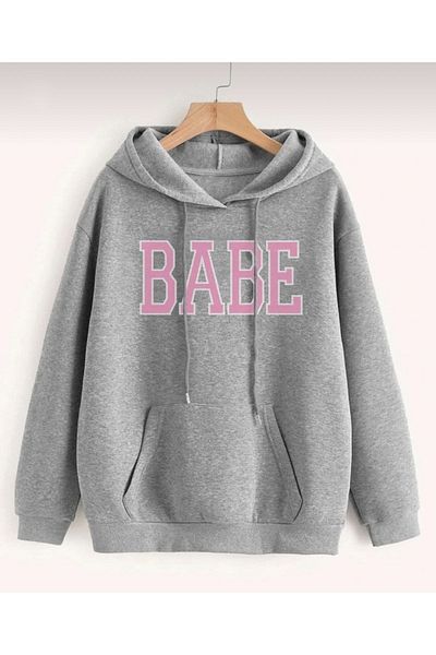 Josette Γκρι φούτερ Unisex Babe με στάμπα μεγάλου μεγέθους με κουκούλα