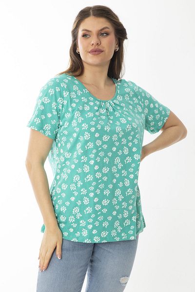 Şans Women's Large Size Green Cotton Fabric Patterned Blouse with Gather Detail on the Collar 65N37028
