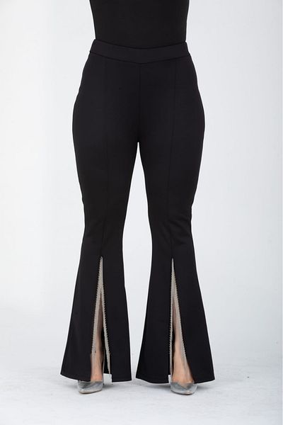 Esina Women's Diving / Scuba Fabric Flared Leg Trousers with Chain Fringes