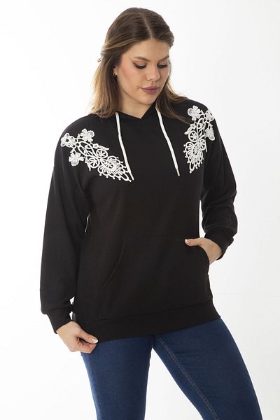 Şans Women's Large Size Black Applique Lace and Hood Detailed Kangaroo Pocket Sweatshirt 65N37015