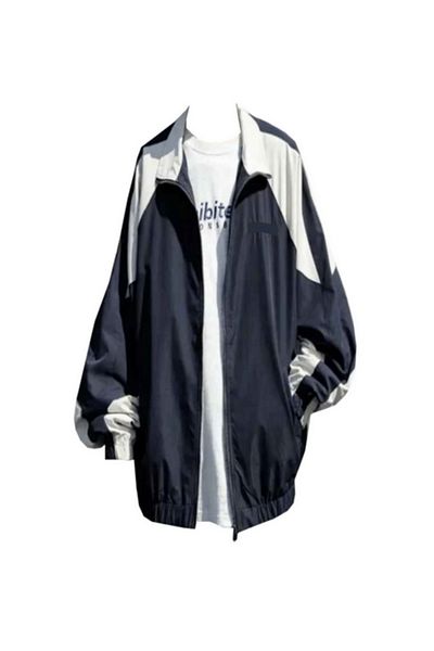 Gofeel Raincoat Jacket Parachute Fabric Unisex Oversize Loose Fit Navy Blue-White Color