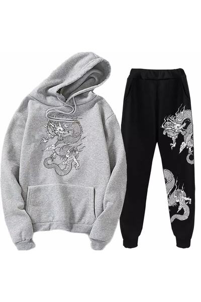 BE QUEEN Σετ γυναικεία αθλητική φόρμα με κουκούλα Dragon Printed Χοντρό Χειμε...