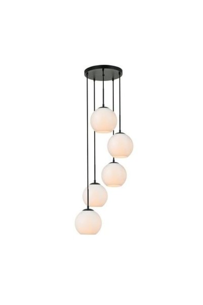 Rsylight Metal Modern Siyah Yuvarlak 5 Li Opal Camlı Sarkıt Avize