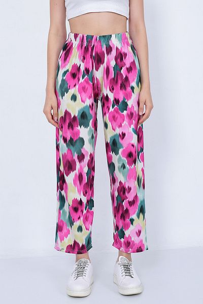 Fiftyone Wear Women's Elastic Waist Regular Leg Black Blue Pink Floral Patterned Summer Pocket Viscose Trousers
