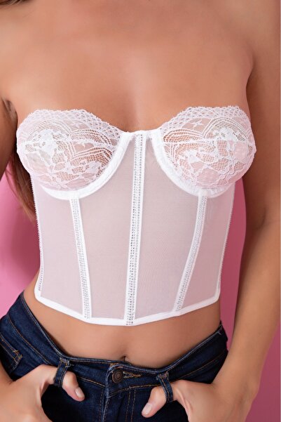 Genel Markalar Taşlı Dantel Detaylı Tül Bustiyer - Özel Tasarım Kadın Giyim B...