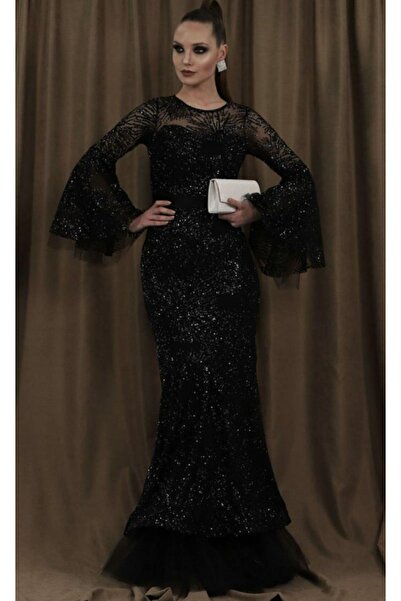 Hepsibitarz Kadın Siyah Beli Saten Detaylı Payet Abiye Elbise