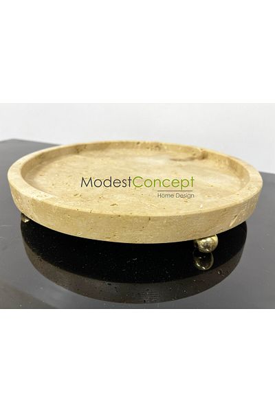 Modestmar Natural Travertine Marble Tray, Bathroom Organizer, Presentation Plate Round Tray Gold Ball Pedestal