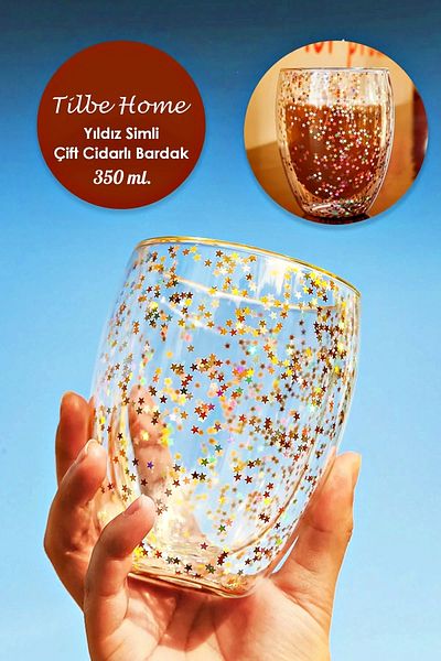 Tilbe Home كوب كوكتيل لعرض القهوة من ستار جليتر - جلد مزدوج، مقاوم للحرارة، بوروسيليكات 350+250 مل