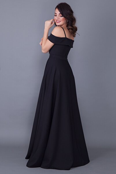 vuvutasarım Lycra Fabric Thin Strap V-Neck Wide Flared Cut Long 147 cm Maxi Size Black Evening Dress 342