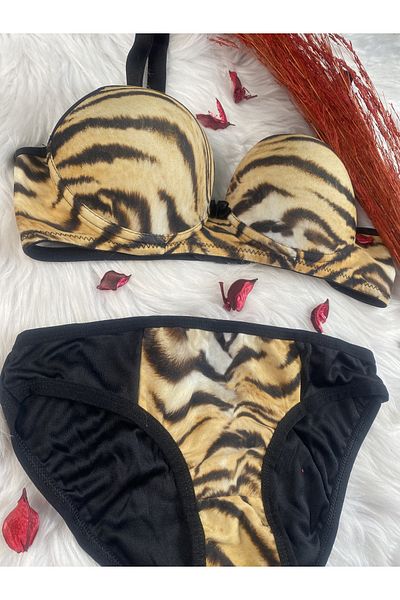 Masal Lingerie Women's Covered Tiger Pattern Padded Stylish Bra Set