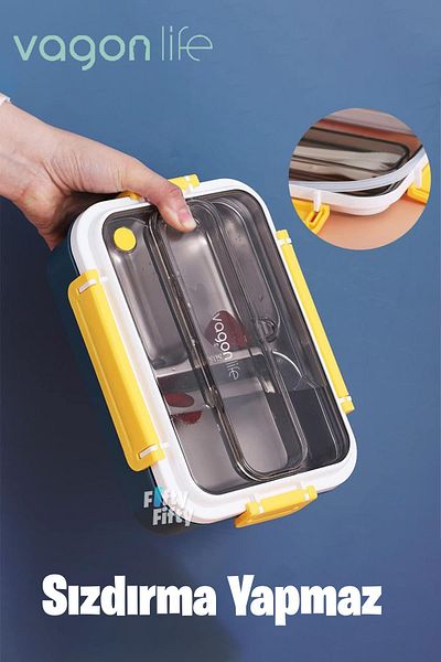 Vagonlife Bento Lunch Box New Generation Lunch Box for Office-School Single Layer 3 Compartments with Fork and Spoon - Rust