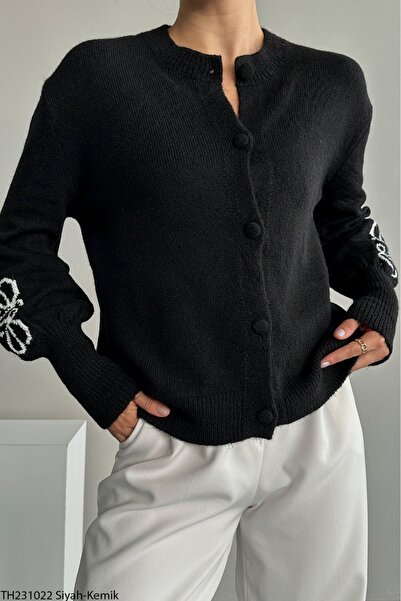 Lupies Kadın Siyah Desenli Düğmeli Triko Hırka