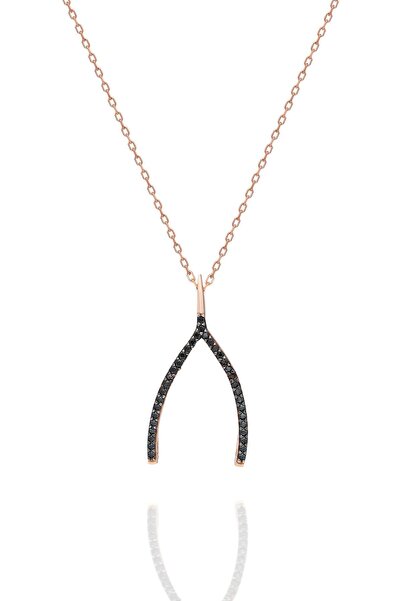 Nereze 925 Ayar Gümüş Rose Kaplama Siyah Taşlı Lades Kolye