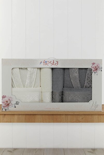 Fiesta Unisex Gri Krem Aile Bornoz Seti 6 Parça