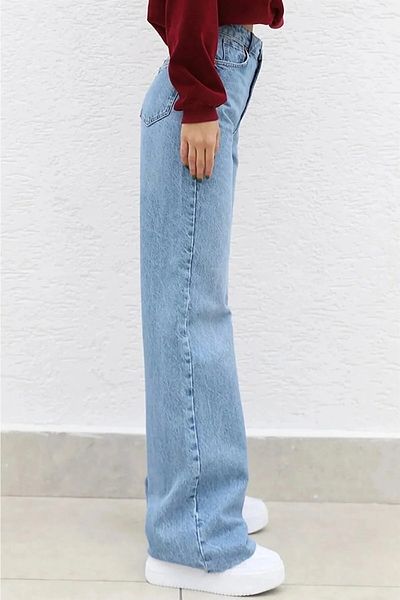 MAKRAS EXCLUSIVE Pantaloni de blugi Palazzo Jeans din lycra cu talie înaltă pentru femei Lisa, cu picioare late, albastru, spălat cu zăpadă