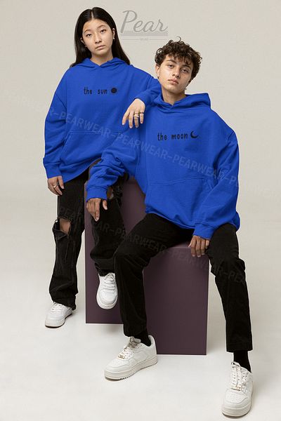 Pear Wear The Moon The Sun Printed Sun Moon 3 Thread Raised Lover Set Oversize Φούτερ με κουκούλα για ζευγάρι