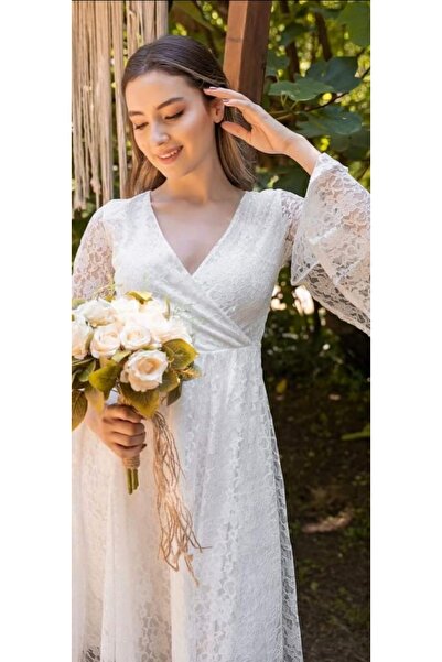 Hepsibitarz Kadın Beyaz Kolları Volanlı Dantel Abiye Elbise