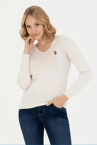 U.S. Polo Assn. .Femei CREAM MELANGE Pulover de bază cu decolteu în V G082SZ0TK.000.1629839..VR159