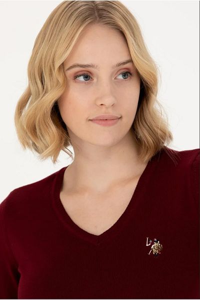 U.S. Polo Assn. سترة أساسية عنابي اللون برقبة على شكل حرف V للنساء G082SZ0TK.000.1629839..VR014
