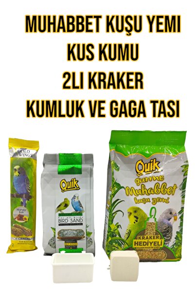 Quik Muhabbet Kuşu Yemi, Kuş Kumu, Kraker + Gaga Taşı Ve Kum Kabı Hediyeli