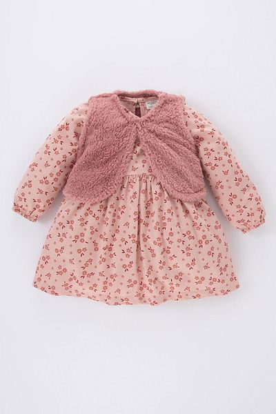 DeFacto Baby Girl Floral Long Sleeve Combed Cotton Dress Plush Cardigan Set of 2
