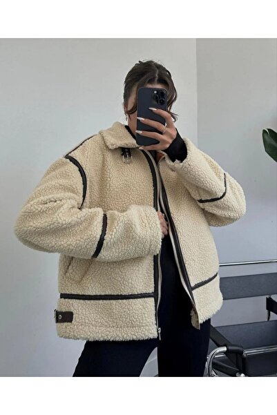 buqre's moda Γούνινο δερμάτινο παλτό Biker Piping