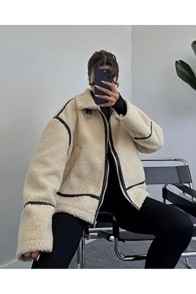 buqre's moda Γούνινο δερμάτινο παλτό Biker Piping