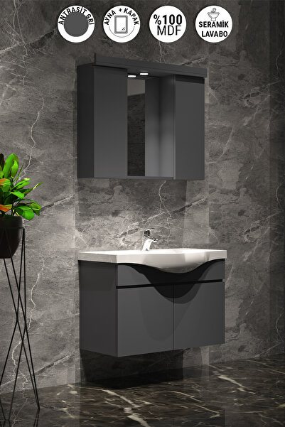 ÖZCEDEN Yıldız 75 cm Antrasit Gri Mat MDF Seramik Lavabolu Asma Banyo Dolabı Takımı