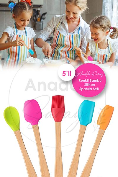 Anadolu Saray 5 Pieces Colorful Bamboo Handle Silicone Tip Spatula Brush Spoon Set| Set of 5 Silicone Spatulas