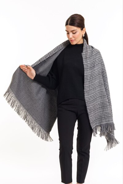 MESCHAIN 70x190cm Winter Shoulder Shawl - Double Sided Plaid Wool