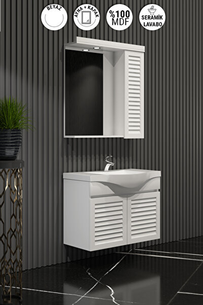 ÖZCEDEN Lilyum 55 cm Beyaz MDF Panjurlu Balon Kapak Seramik Lavabolu Asma Banyo Dolabı Takımı