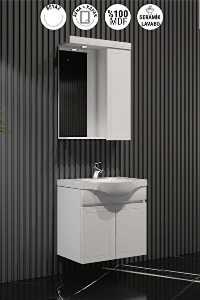 ÖZCEDEN Lilyum 55 cm Beyaz MDF Pk-109 Balon Kapak Seramik Lavabolu Asma Banyo Dolabı Takımı