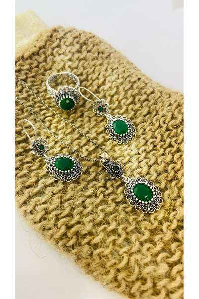 Midyat Artuklu Gümüşçülük Zümrüt Taşlı Gümüş Telkari Set